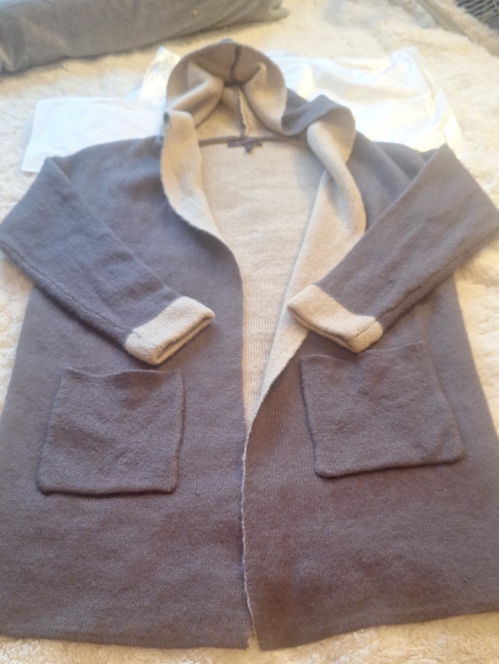 Olivia Sky Two-Tone Hooded Knit Long Cardigan Sweater - Eggplant & Tan Inside S - Picture 9 of 10